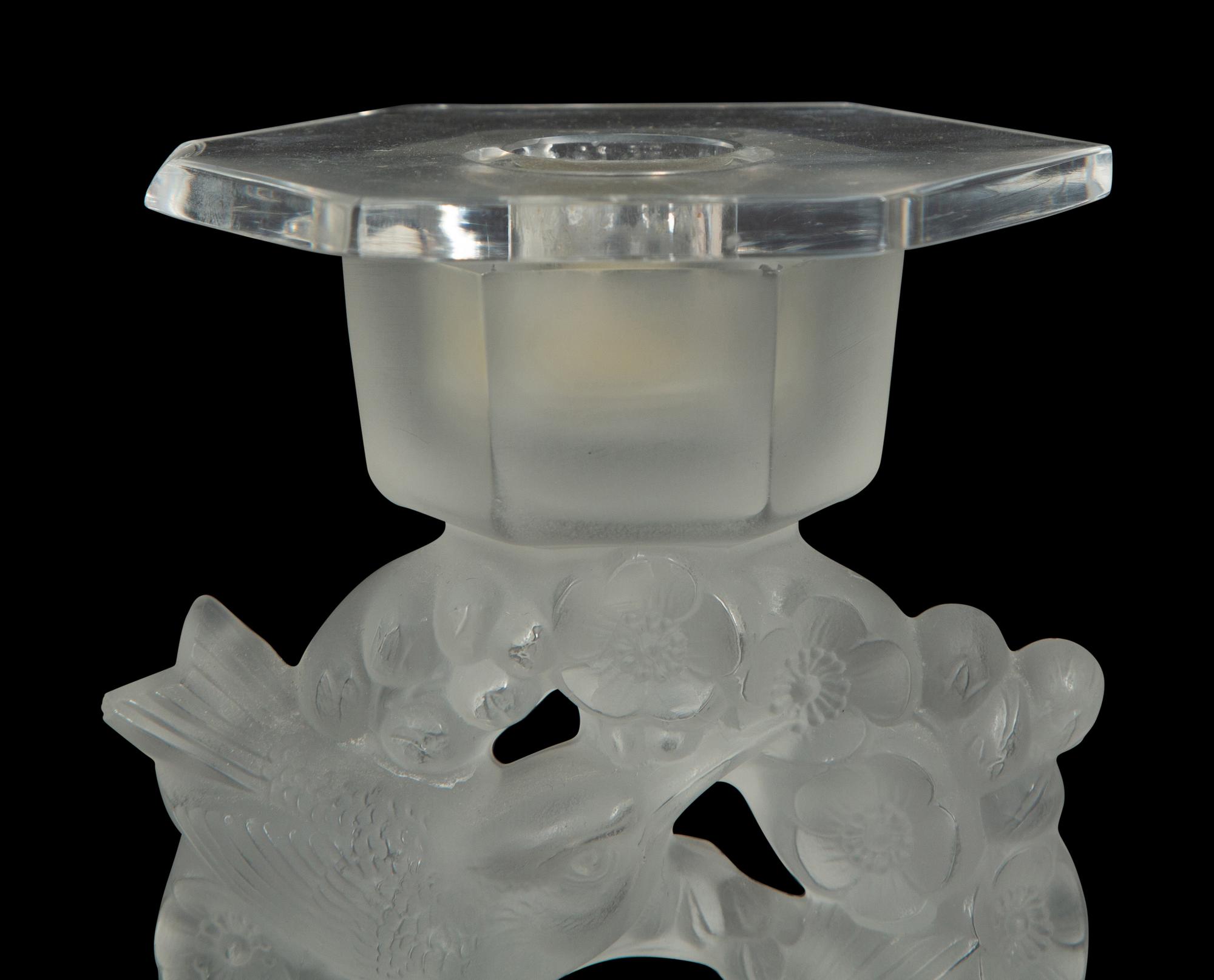 A Pair of Lalique Mesanges Candlesticks