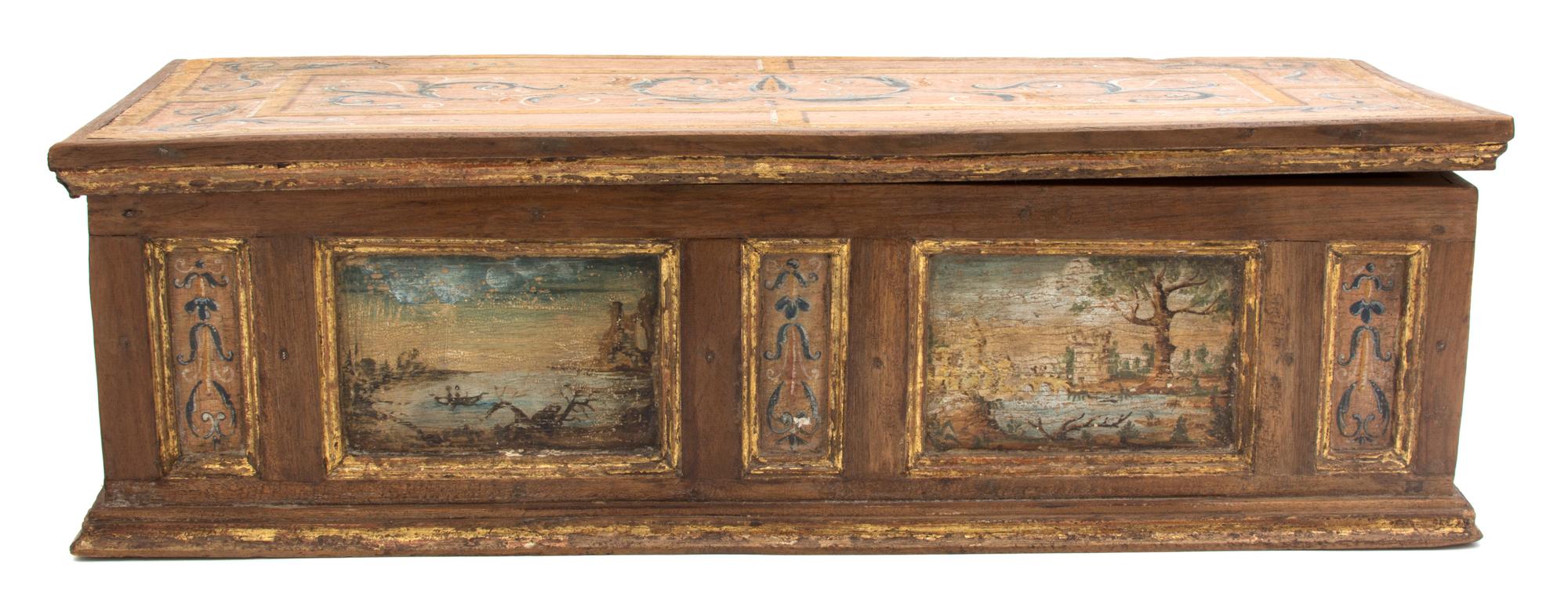 An Italian Painted and Parcel Gilt Box Height 6 x width 20 1/2 x depth 8 inches. — LATE 18TH CENTURY