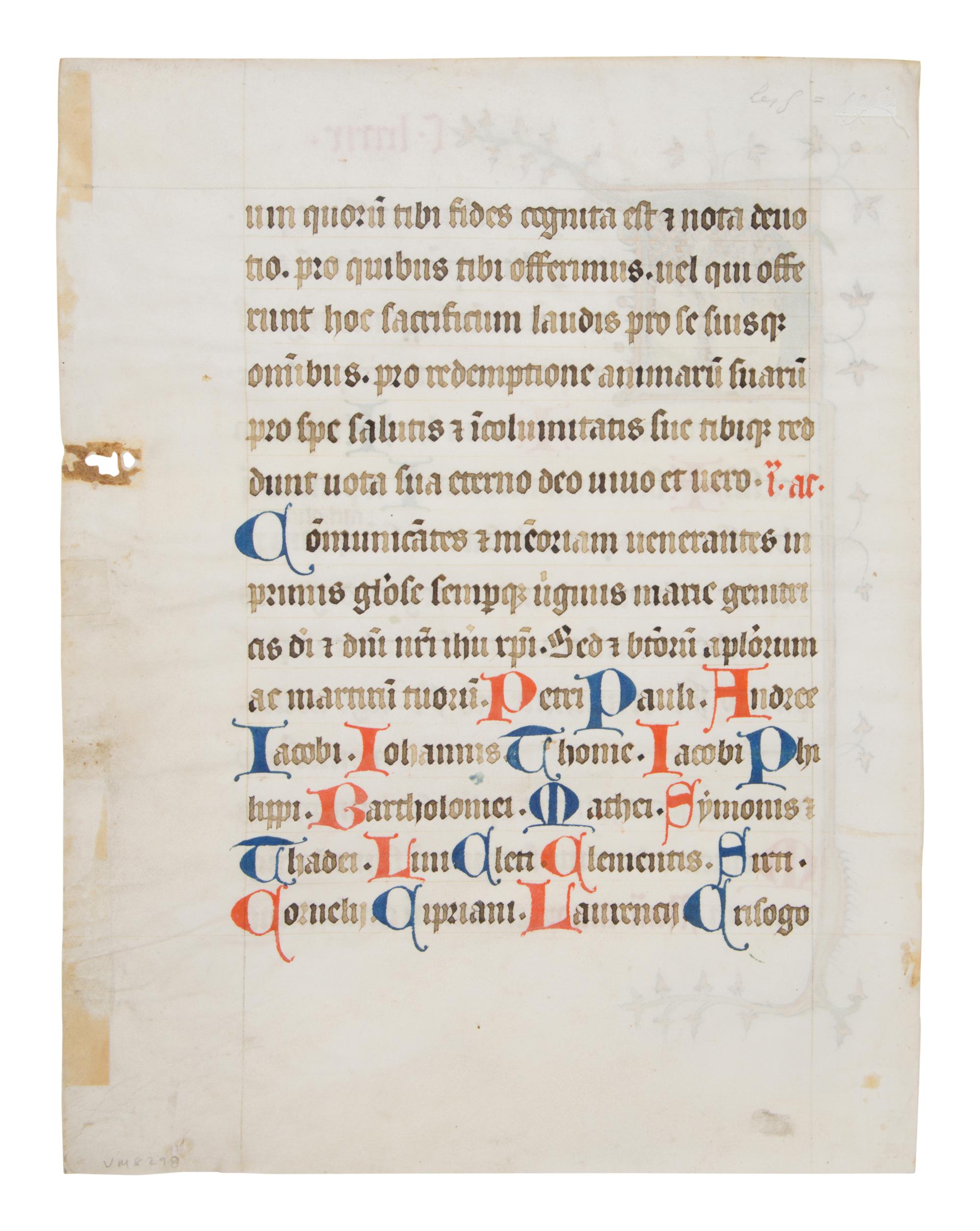 METZ SCHOOL Single Leaf from a Missal with historiated initial of the Elevation of the Mass, in Latin, illuminated manuscript on parchment [France, Metz or Verdun, c. 1300–1315]