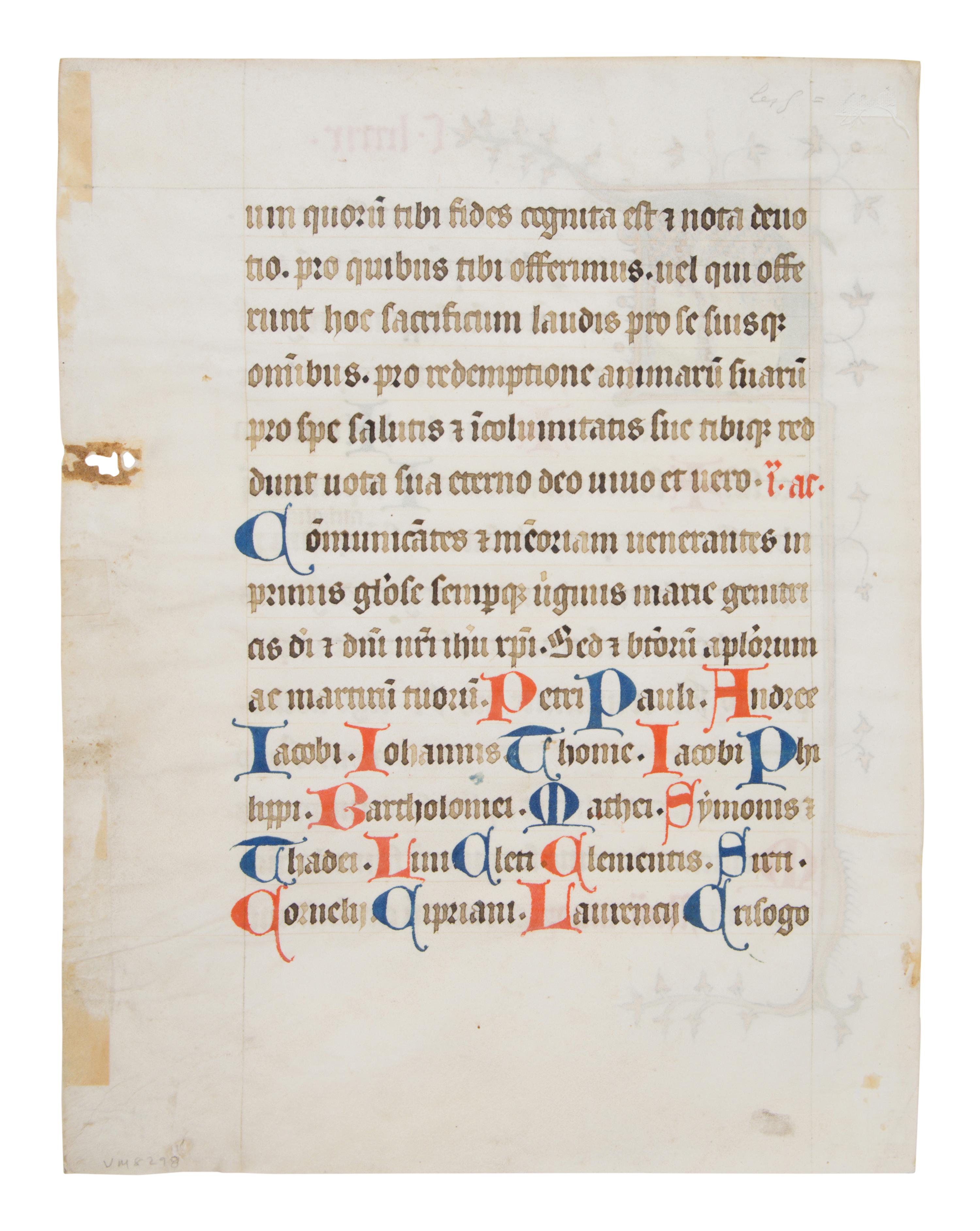 METZ SCHOOL Single Leaf from a Missal with historiated initial of the Elevation of the Mass, in Latin, illuminated manuscript on parchment [France, Metz or Verdun, c. 1300–1315]