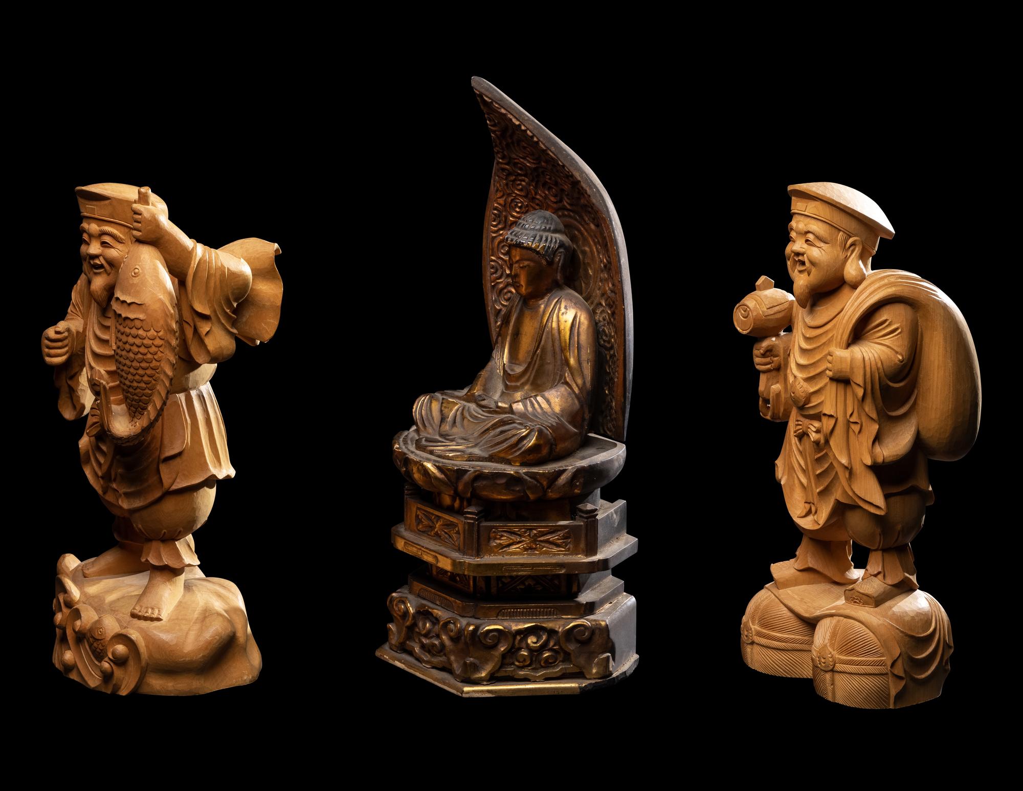 Three Japanese Carved Wood Figures