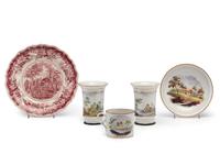 Four Painted Porcelain Articles and a Transferware Plate