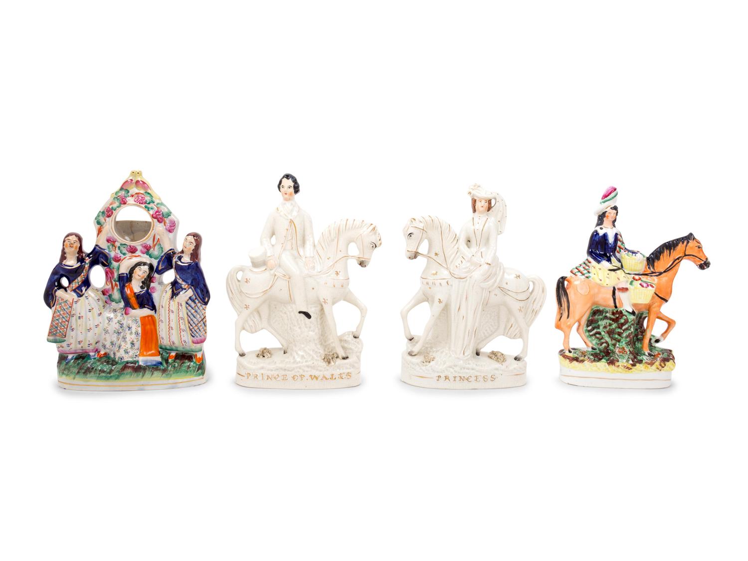 Four Staffordshire Equestrian Figures and a Watch Stand — 19TH CENTURY