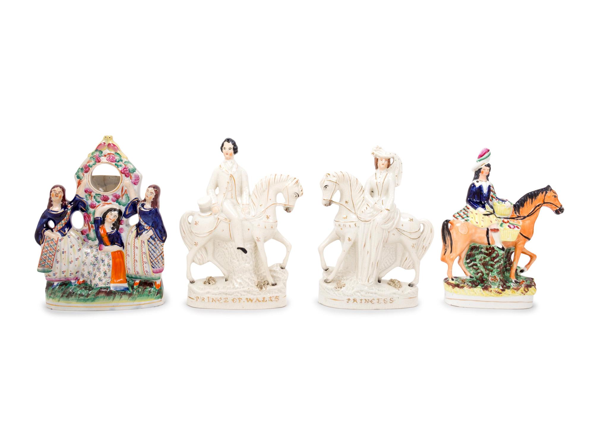 Four Staffordshire Equestrian Figures and a Watch Stand — 19TH CENTURY