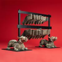 A Rare Chinese Painted Earthenware Chimera and Chimes Set, Qing and Bixie, Western Han Dynasty — 西漢 灰陶編磬一組連辟邪座