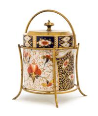 A Gilt Metal Mounted Davenport Porcelain Biscuit Barrel Height 8 inches.