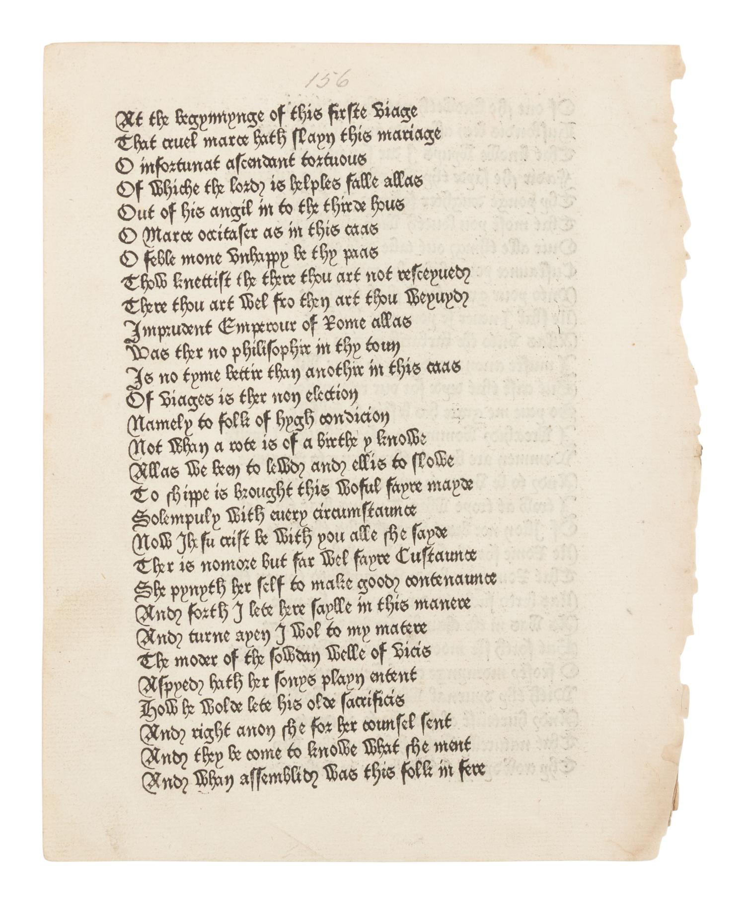 [LEAF BOOK]. -- [CAXTON, William (ca 1422-1491 or 1492)]. CHAUCER, Geoffrey (d. 1400). "Man of Law's Tale." Extracted from: The Canterbury Tales . Westminster: William Caxton, 1476.