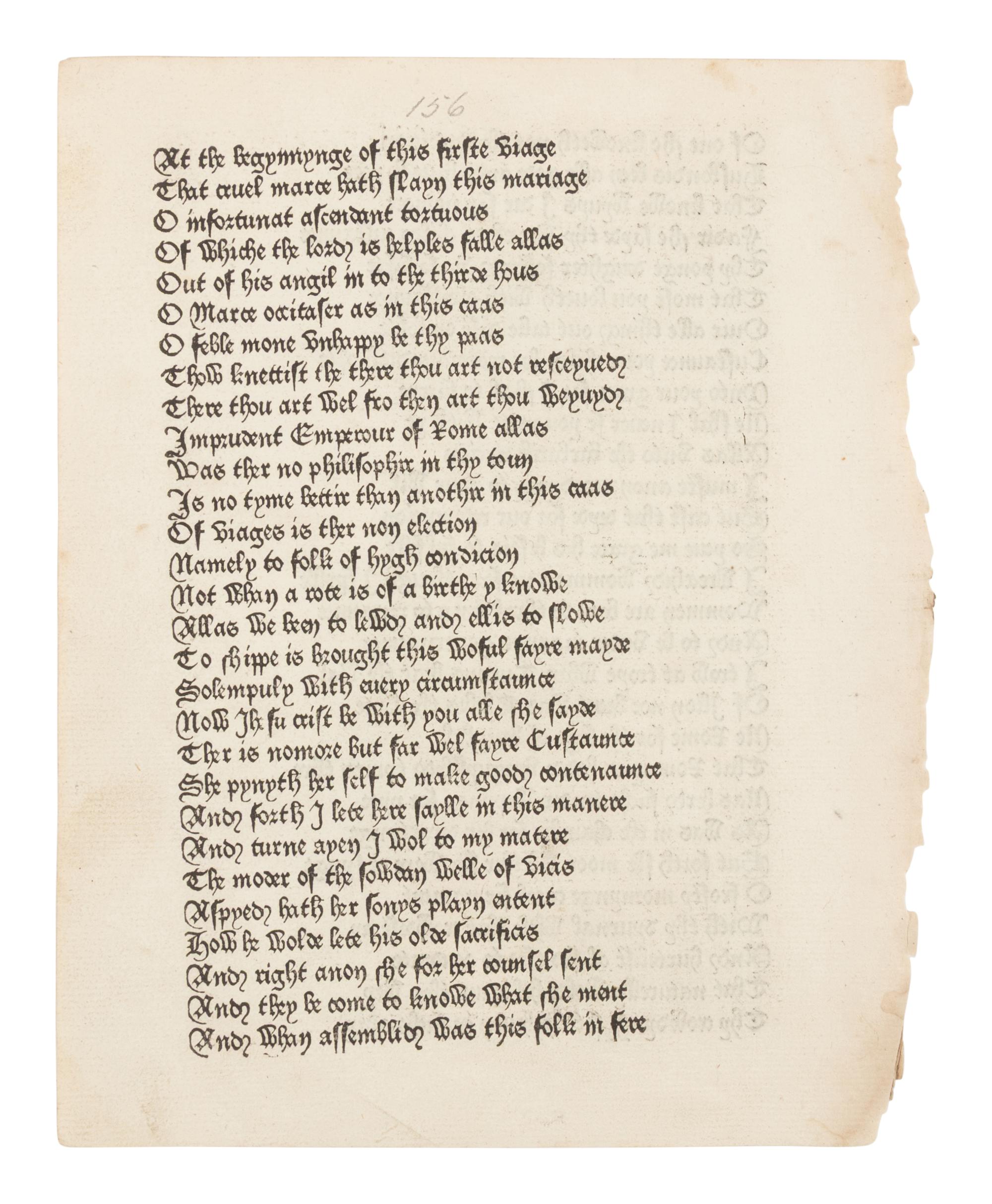 [LEAF BOOK]. -- [CAXTON, William (ca 1422-1491 or 1492)]. CHAUCER, Geoffrey (d. 1400). "Man of Law's Tale." Extracted from: The Canterbury Tales . Westminster: William Caxton, 1476.