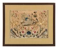 A Needlework Embroidered Picture of a Shepherdess with Flock