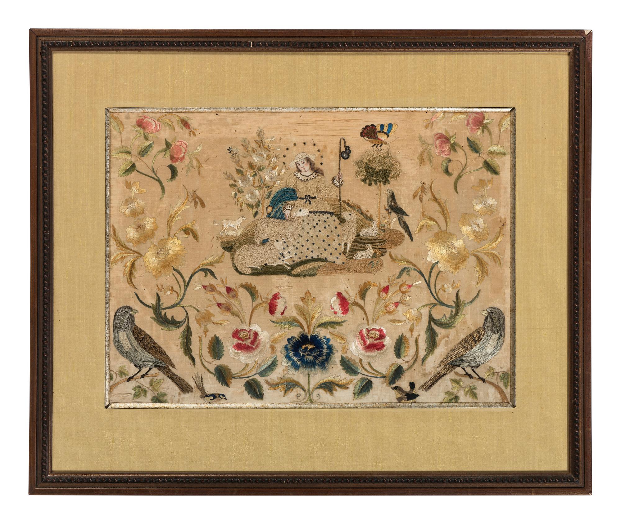 A Needlework Embroidered Picture of a Shepherdess with Flock