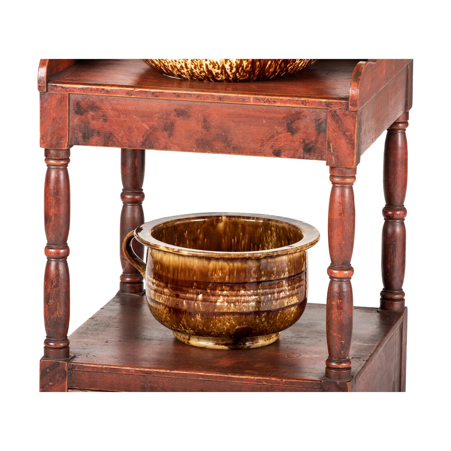 A Painted Wood Wash Stand with a Flint Enamel Water Pitcher and Wash Basin