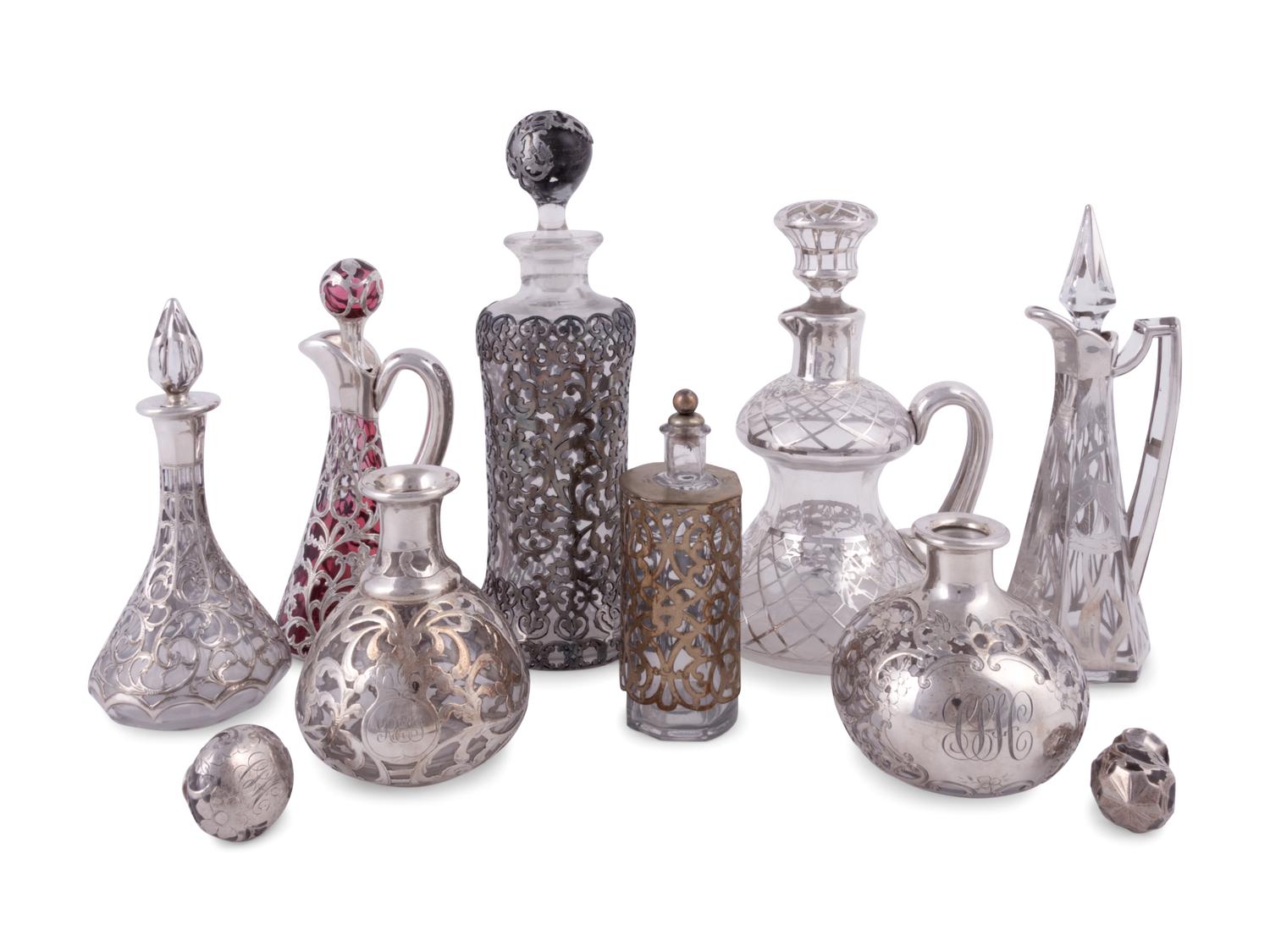 Nine Silver and Silver-Plate Overlay Glass Perfume Bottles and Cruets