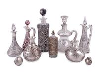 Nine Silver and Silver-Plate Overlay Glass Perfume Bottles and Cruets