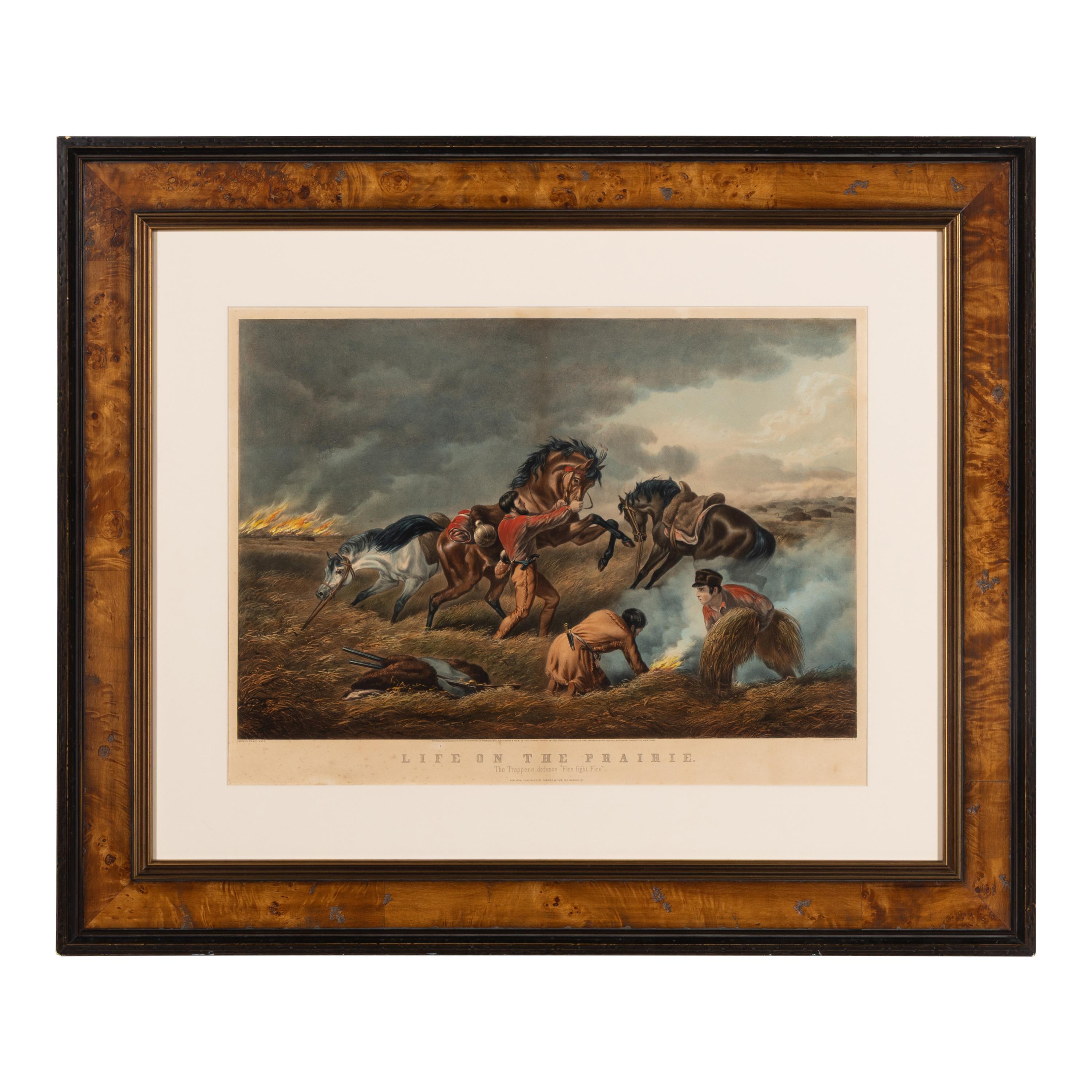 Currier and Ives, publishers -- After Arthur F. Tait Life on the Prairie: Trappers Defence, "Fire Fight Fire" , 1862. (G.3797)