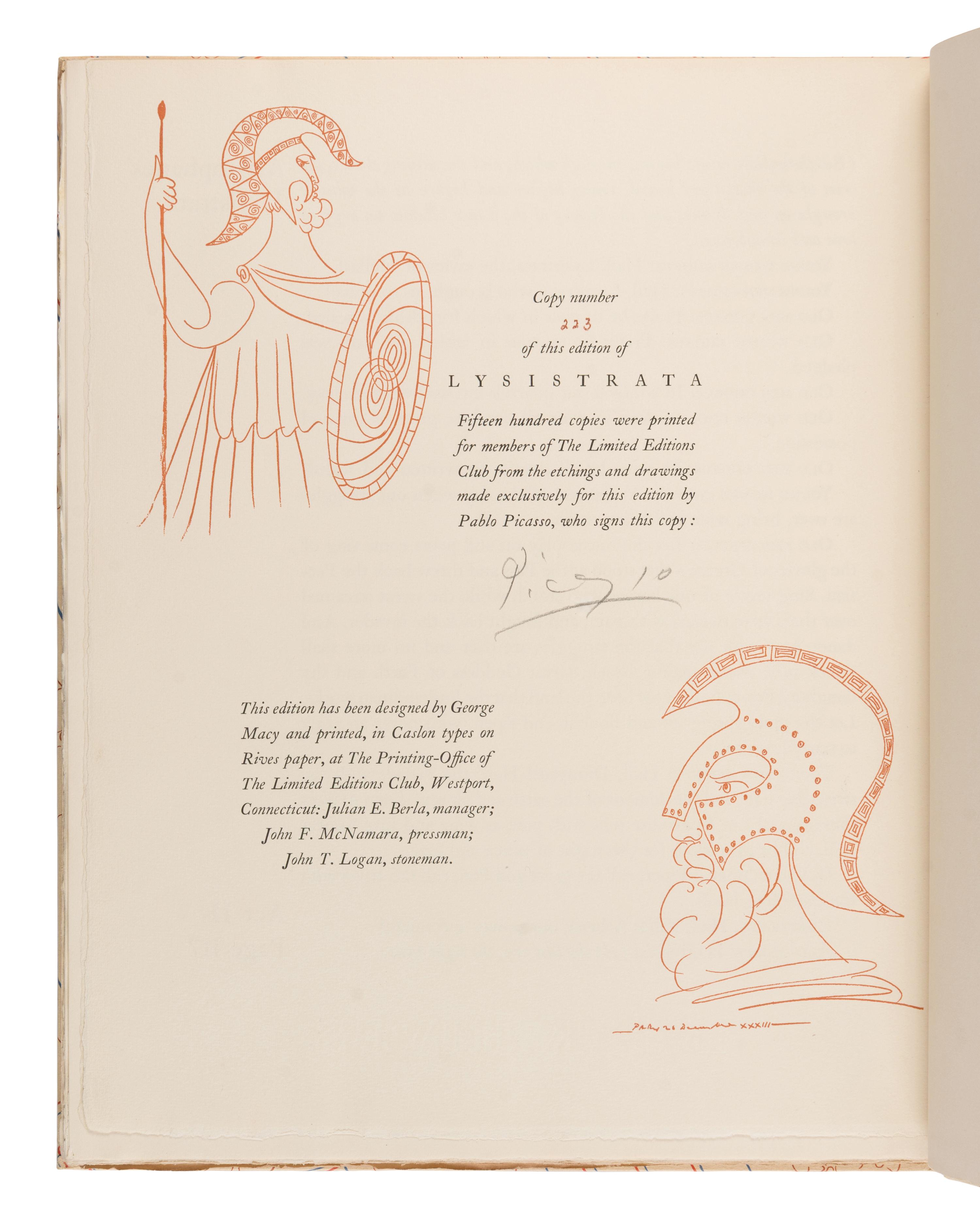 [Artist Book]. Picasso, Pablo (1881-1973), artist. -- Aristophanes (448?-380? CE). Lysistrata . New York: Limited Editions Club, 1934.