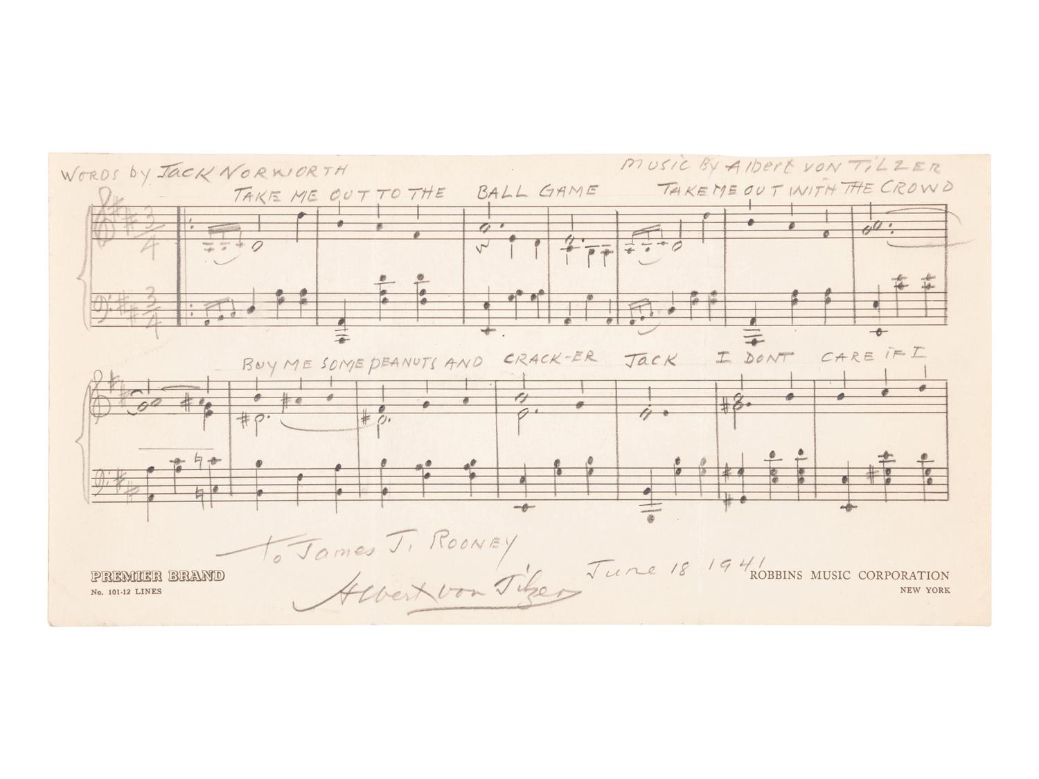VON TILZER, Albert (1878-1956). Autograph musical quotation signed (“Albert Von Tilzer”), to James J. Rooney. 18 June 1941.