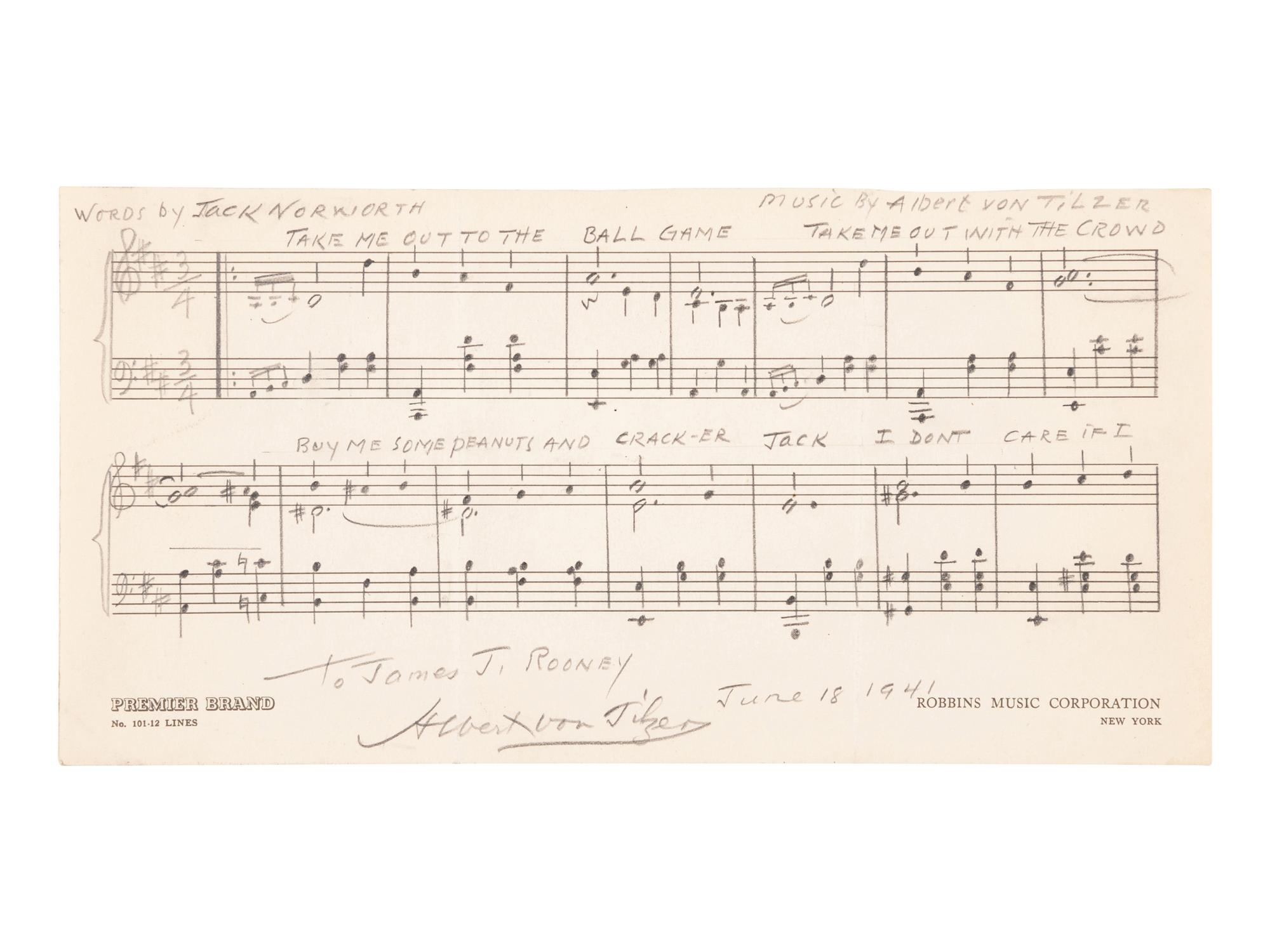 VON TILZER, Albert (1878-1956). Autograph musical quotation signed (“Albert Von Tilzer”), to James J. Rooney. 18 June 1941.