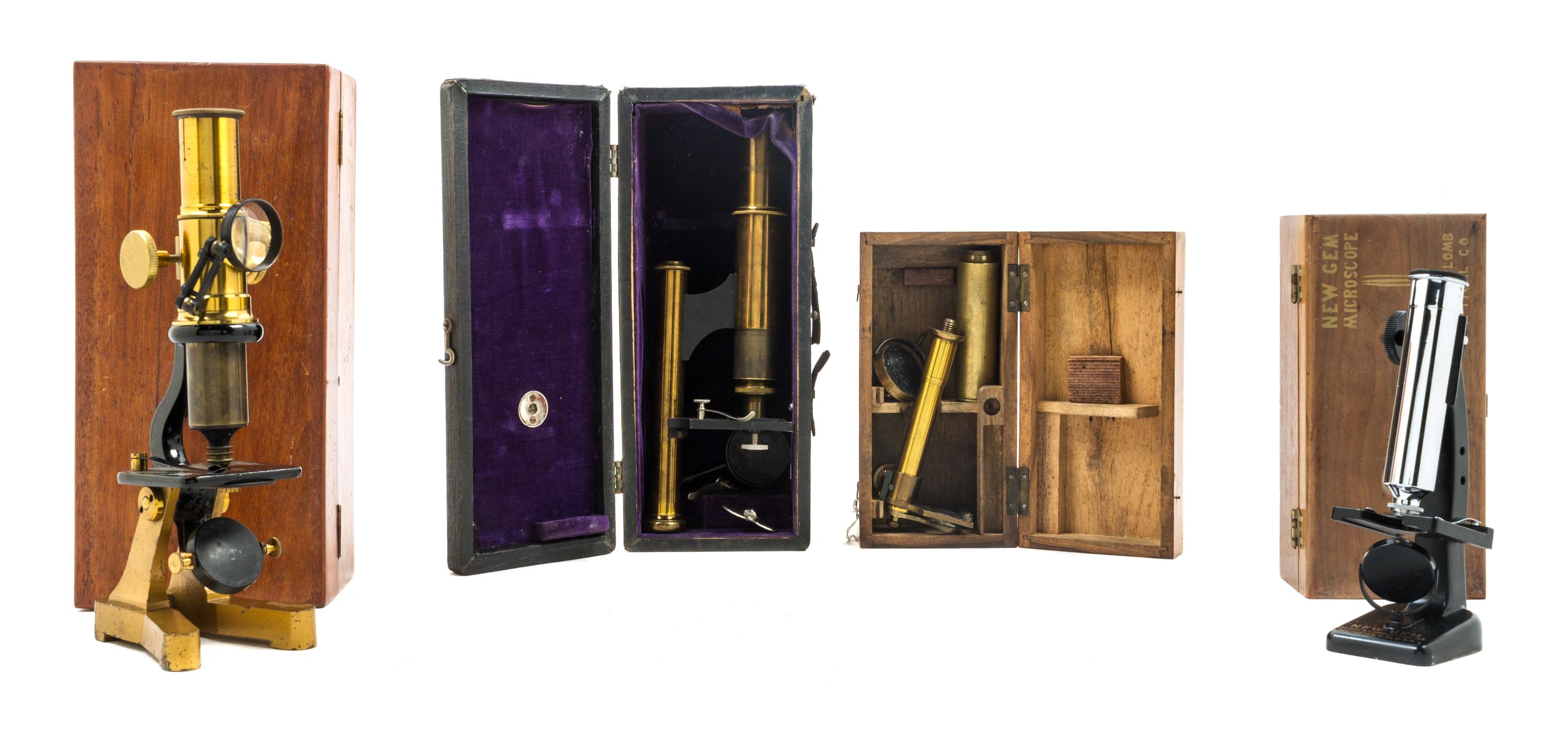 A Group of Four Cased Microscopes Height of tallest 10 inches. — VARIOUS MAKERS, LATE 19TH/EARLY 20TH CENTURY