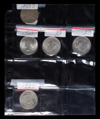 A Group of Five United States Peace Silver Dollars