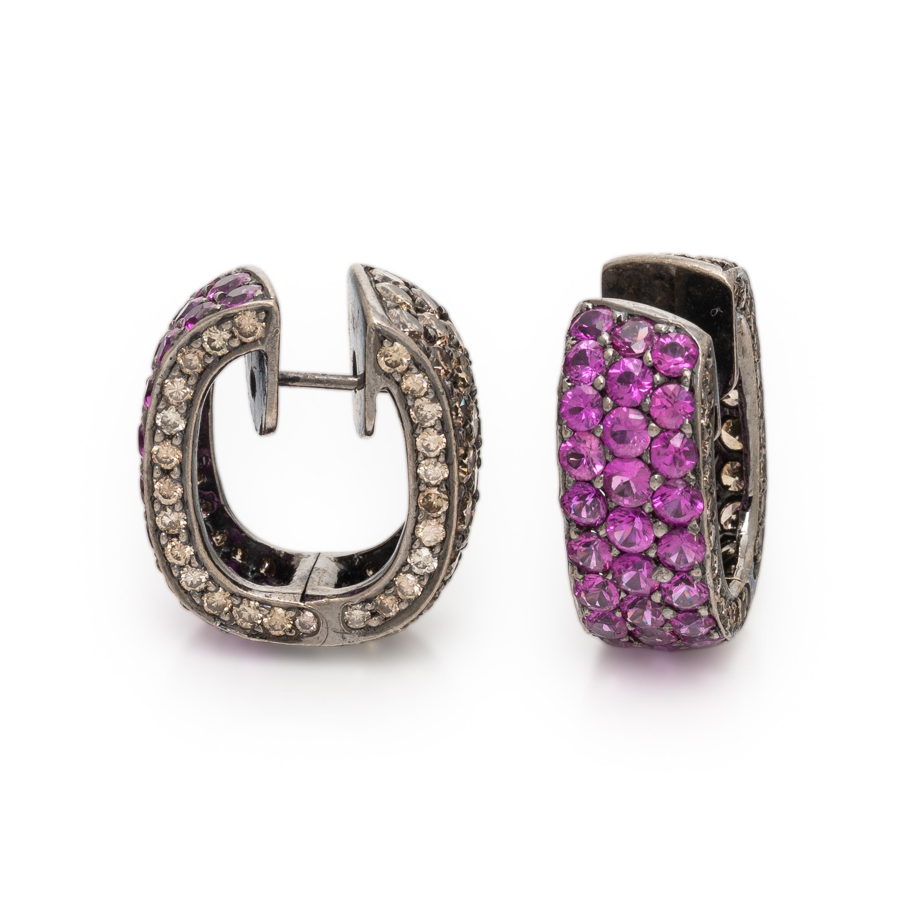 Pink Sapphire, Colored Diamond, and Blackened Gold Hoop Earrings
