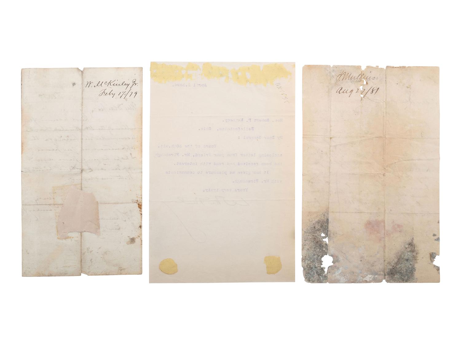McKINLEY, William (1843-1901). 2 autograph letters signed and 1 typed letter signed. 1879-1896.