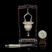 Three Chinese Pale Celadon Jade Articles, 19th-20th Century 晚清-民國 青白玉花片、耳挖簪及花籃擺件