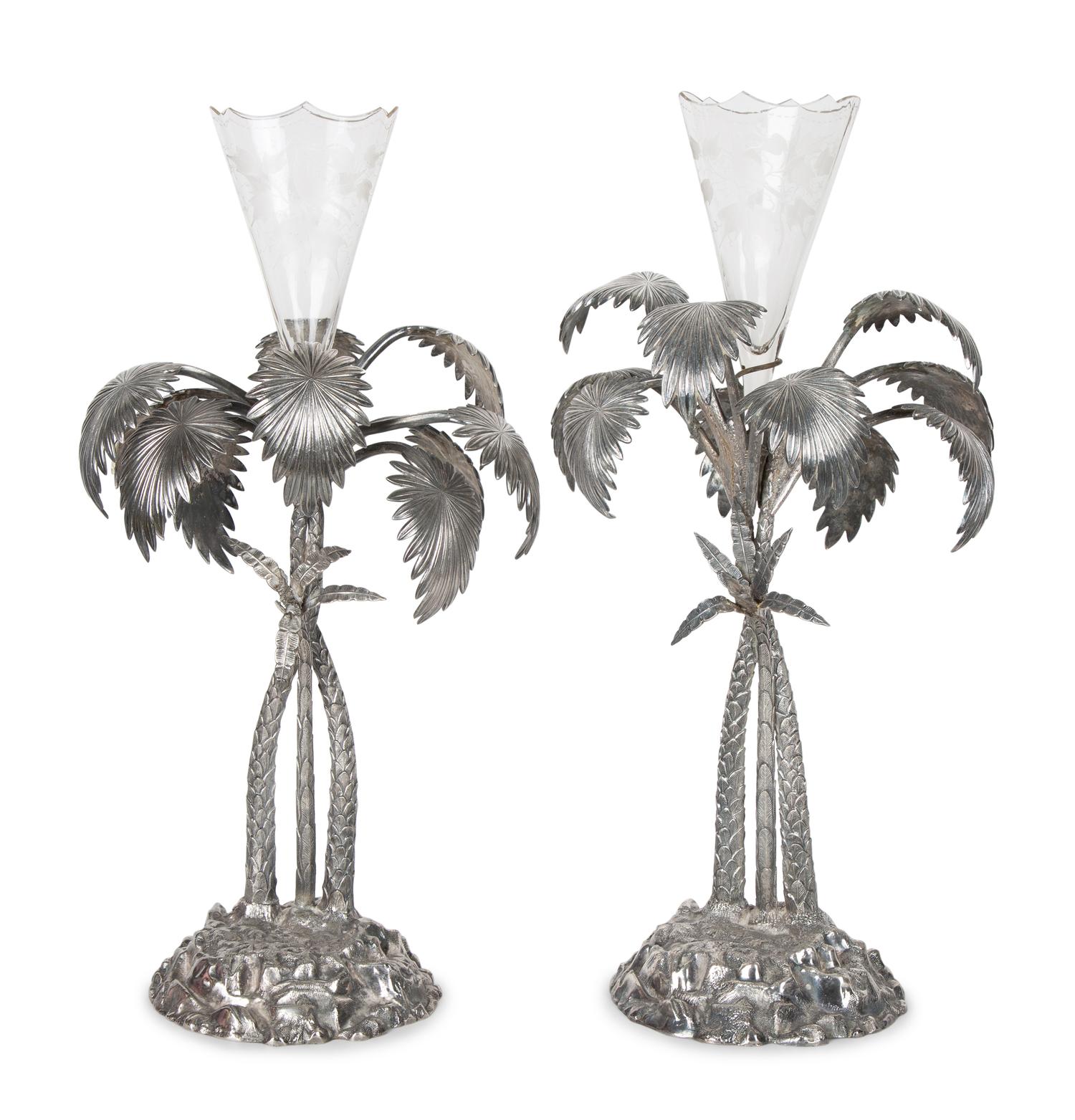 Pair of French Palm Tree-Form Silvered Bronze and Glass Centerpieces — 20TH CENTURY