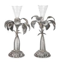 Pair of French Palm Tree-Form Silvered Bronze and Glass Centerpieces — 20TH CENTURY
