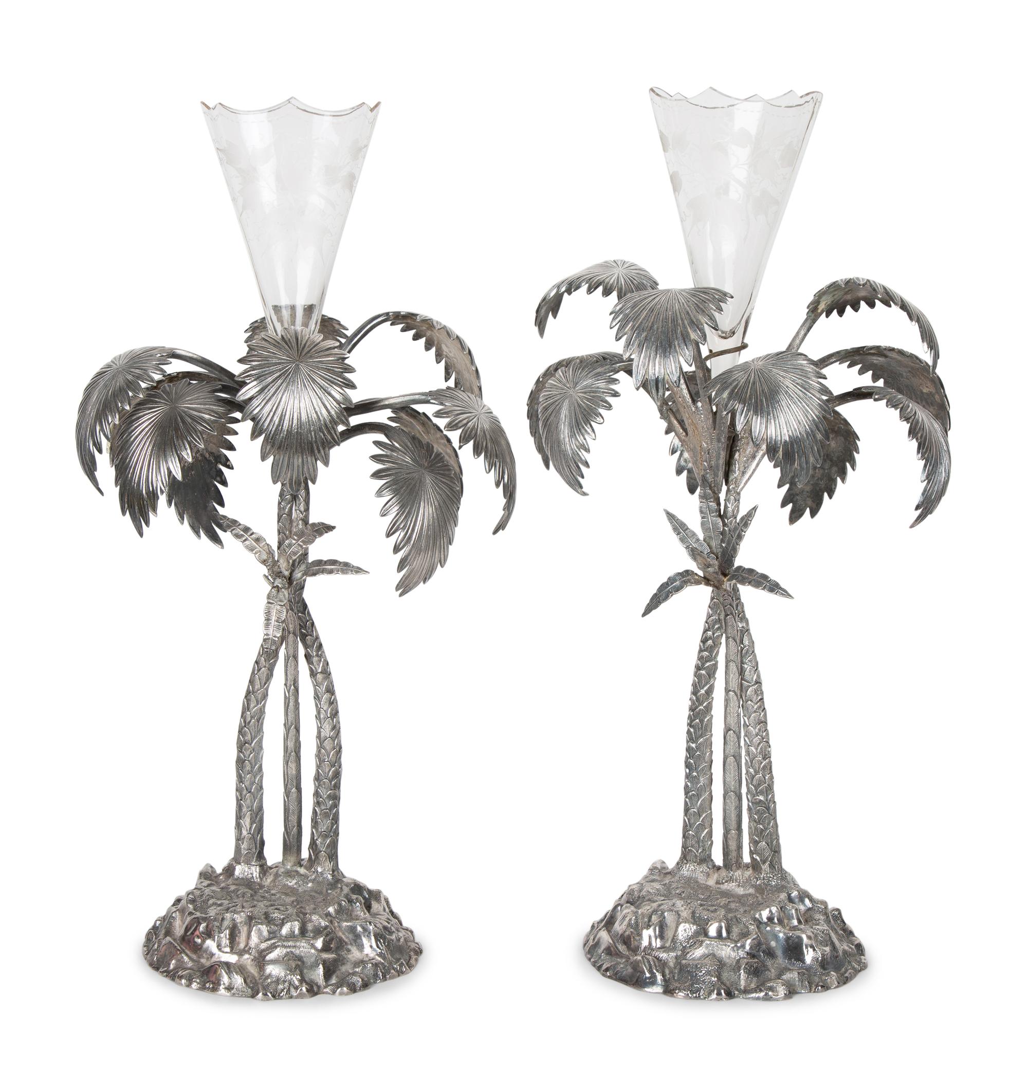 Pair of French Palm Tree-Form Silvered Bronze and Glass Centerpieces — 20TH CENTURY