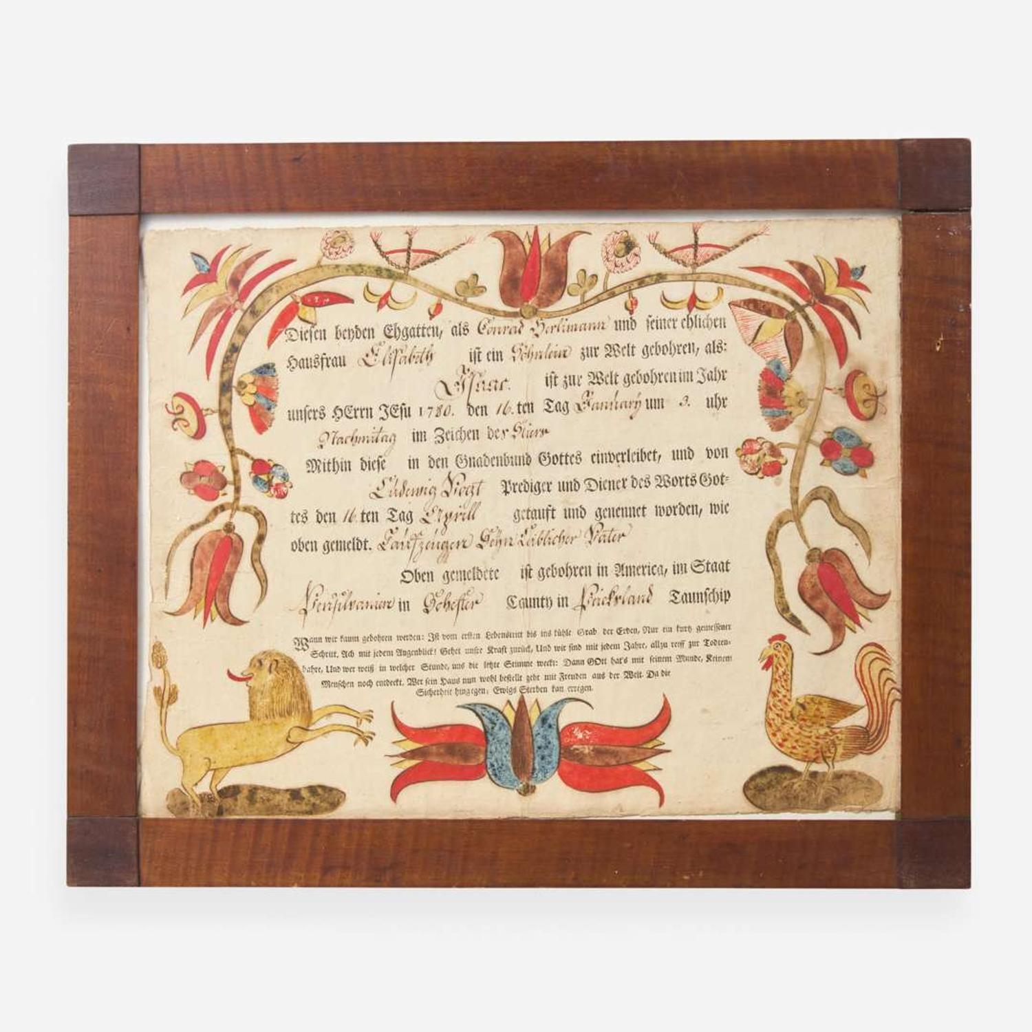 Arnold Hoevelmann (active 1771-1796) A Fraktur birth and baptism record for Conrad Hermann