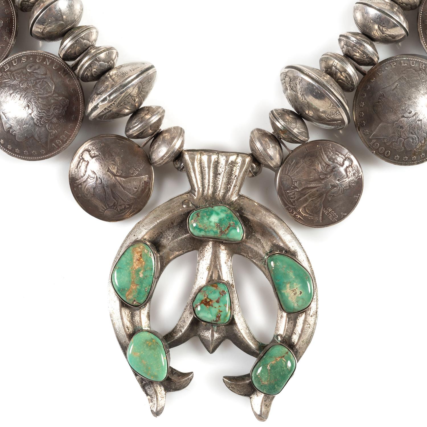 Navajo Turquoise and Coin Squash Blossom Necklace