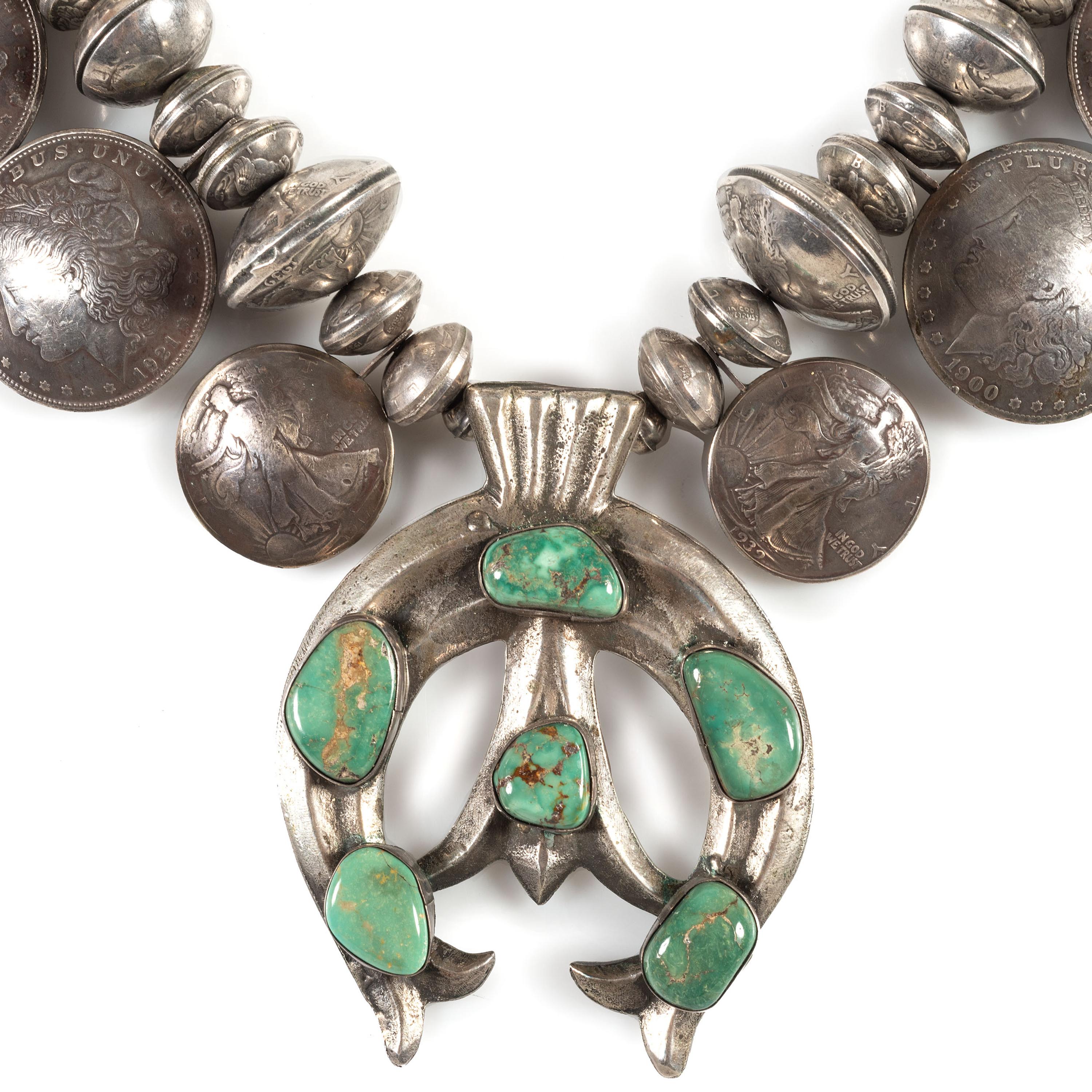 Navajo Turquoise and Coin Squash Blossom Necklace