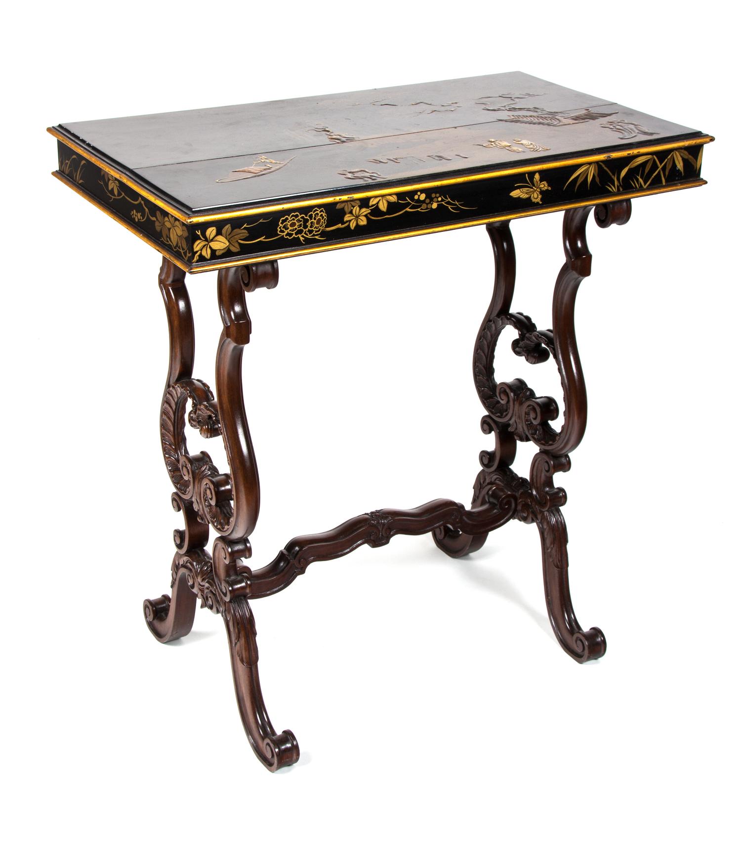 A Pair of Victorian Chinoiserie Lacquer Top Side Tables Height 28 1/2 x width 27 1/2 x depth 15 3/4 inches. — 19TH CENTURY