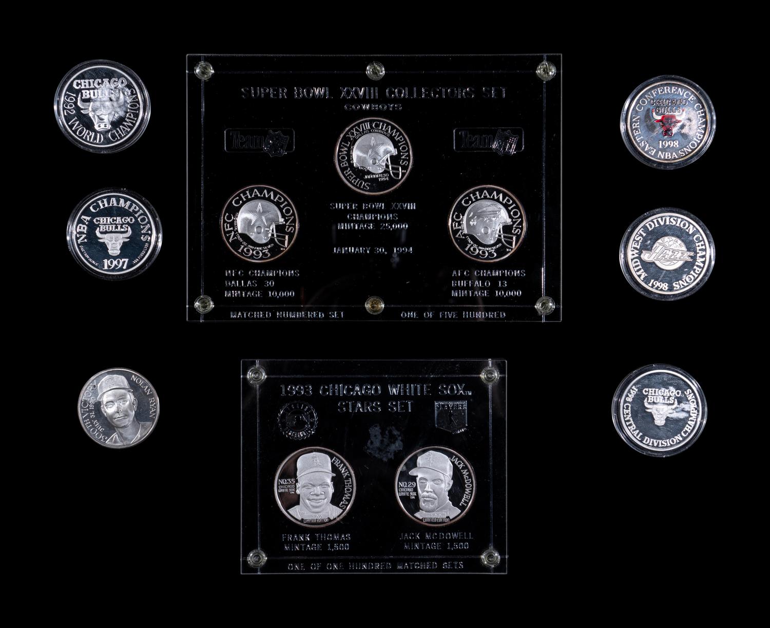 A Group of over 20 One Troy Ounce Silver Medallion 1990s Sports Coins (Including Multiple Chicago Bulls Championship Issues),