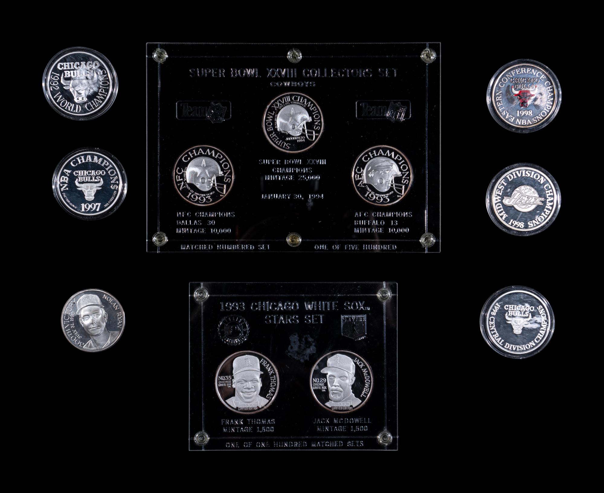 A Group of over 20 One Troy Ounce Silver Medallion 1990s Sports Coins (Including Multiple Chicago Bulls Championship Issues),