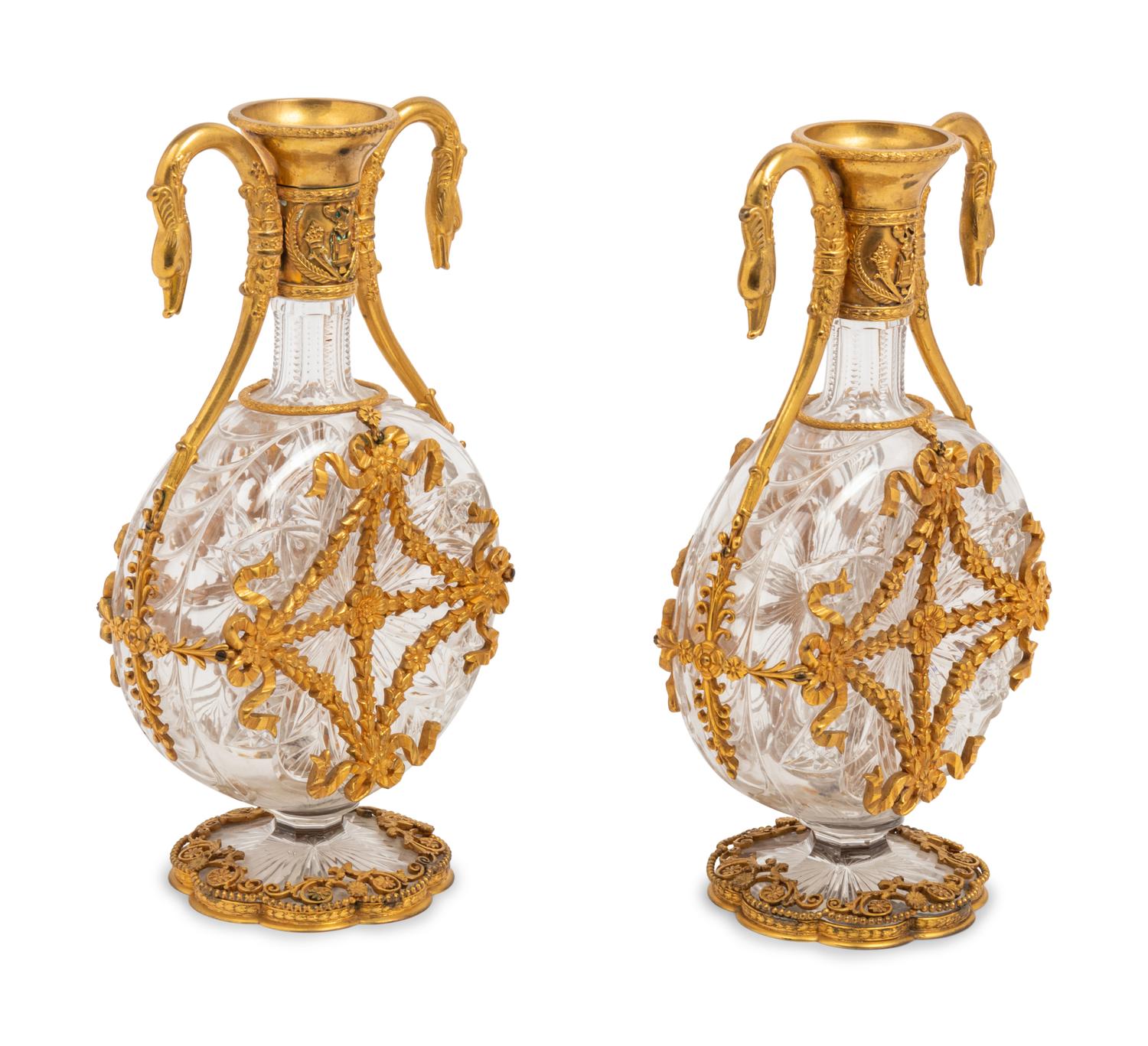 A Pair of French Gilt Bronze Mounted Cut Glass Decanters