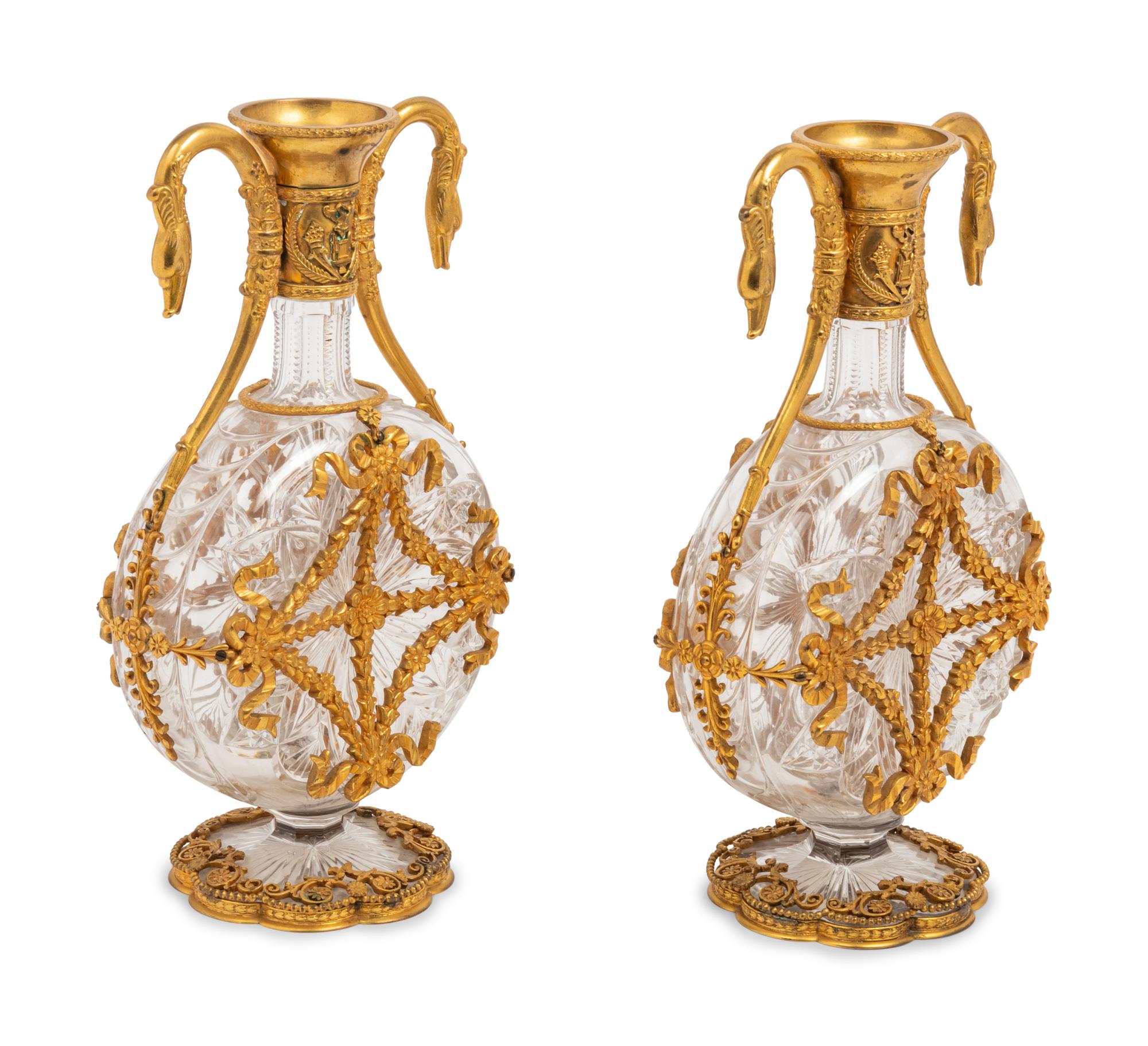 A Pair of French Gilt Bronze Mounted Cut Glass Decanters
