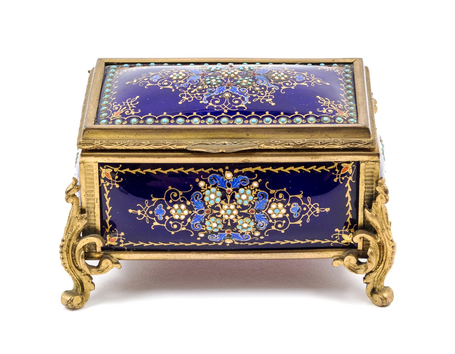 A French Gilt Bronze and Enamel Table Casket Height 2 3/4 x width 4 1/4 inches. — MANNER OF TAHAN, 19TH CENTURY