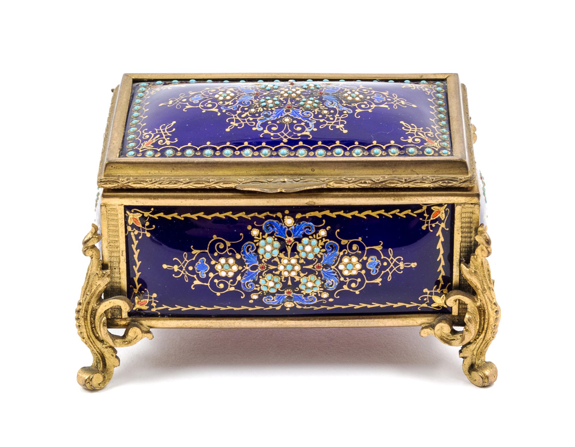 A French Gilt Bronze and Enamel Table Casket Height 2 3/4 x width 4 1/4 inches. — MANNER OF TAHAN, 19TH CENTURY