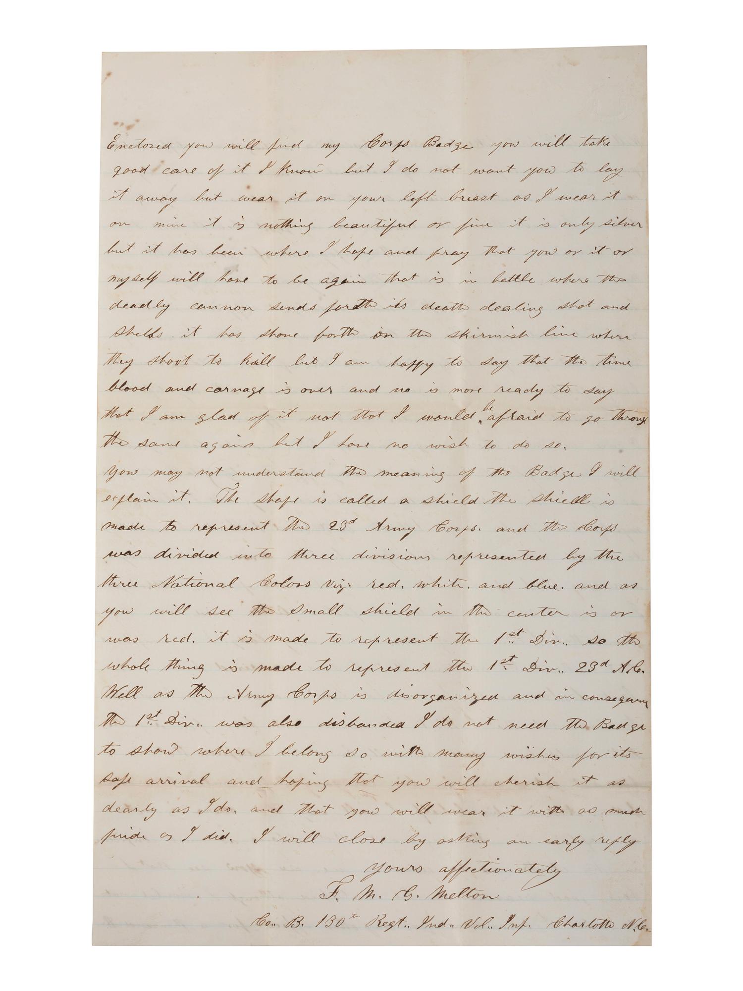 [CIVIL WAR]. Sergeant Francis M.G. Melton, Company B, 130th Indiana Volunteer Infantry Regiment. Autographed letter referencing a corps badge. Charlotte, NC, 21 August 1865.