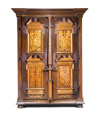 A Continental Oak and Marquetry Armoire, INCORPORATING VARIOUS ELEMENTS, Height 95 x width 71 x depth 28 1/4 inches. — INCORPORATING VARIOUS ELEMENTS,