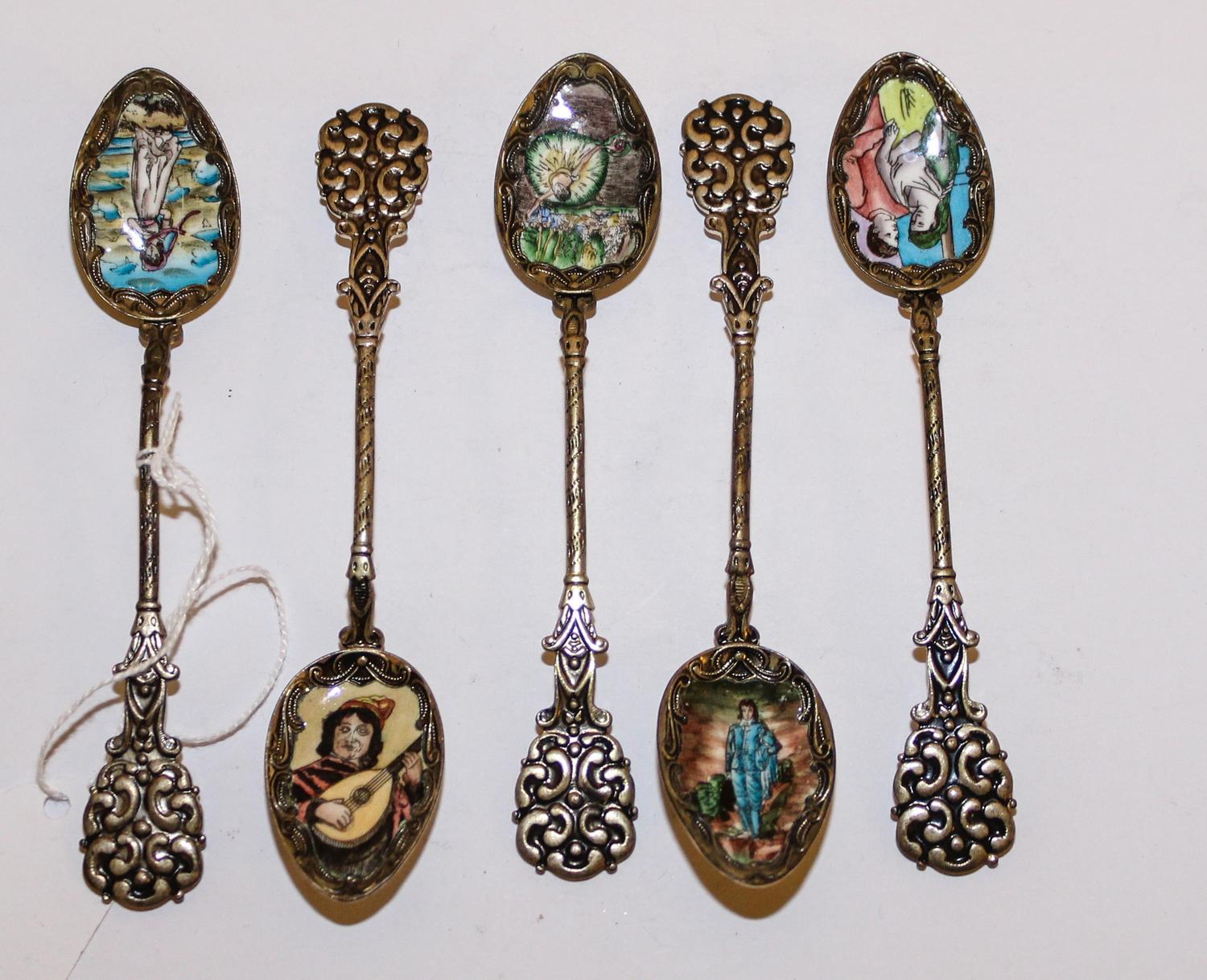 A Group of Five Continental Enameled Silver-Plate Spoons, , depicting famous works of art.