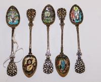A Group of Five Continental Enameled Silver-Plate Spoons, , depicting famous works of art.