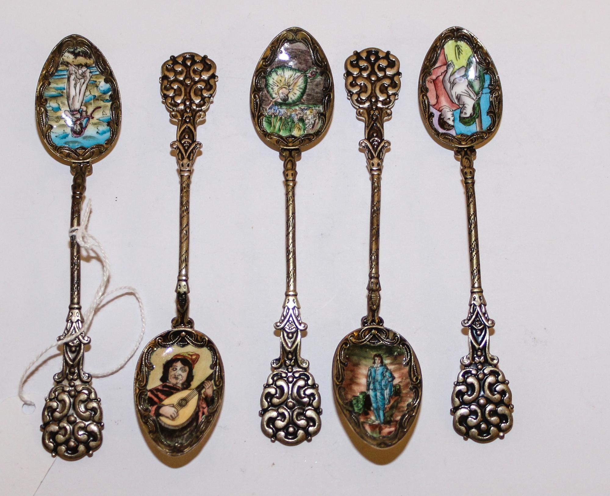 A Group of Five Continental Enameled Silver-Plate Spoons, , depicting famous works of art.