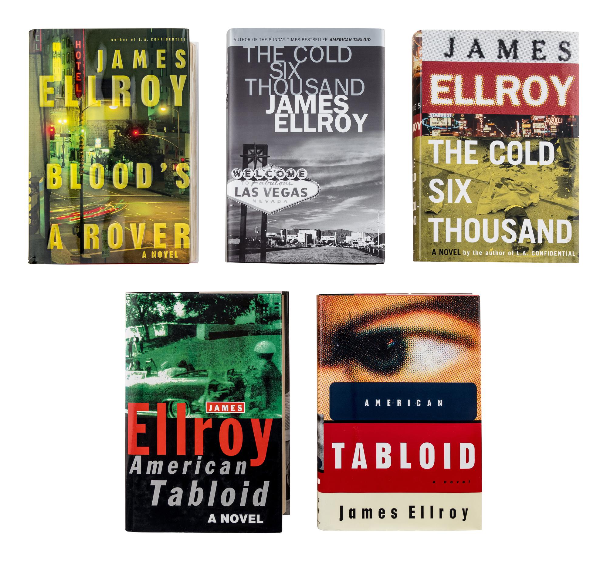 ELLROY, James (b. 1948). [The Underworld U.S.A. Trilogy:] American Tabloid . 1995. -- The Cold Six Thousand . 2001. -- Blood's A Rover . 2009. All New York: Alfred A. Knopf.