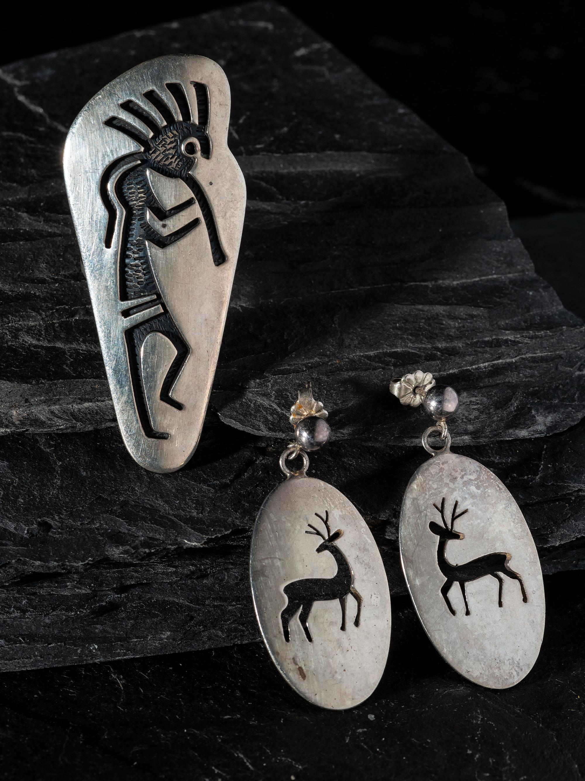 Silver Overlay Kokopelli Ring AND Deer Post Earrings