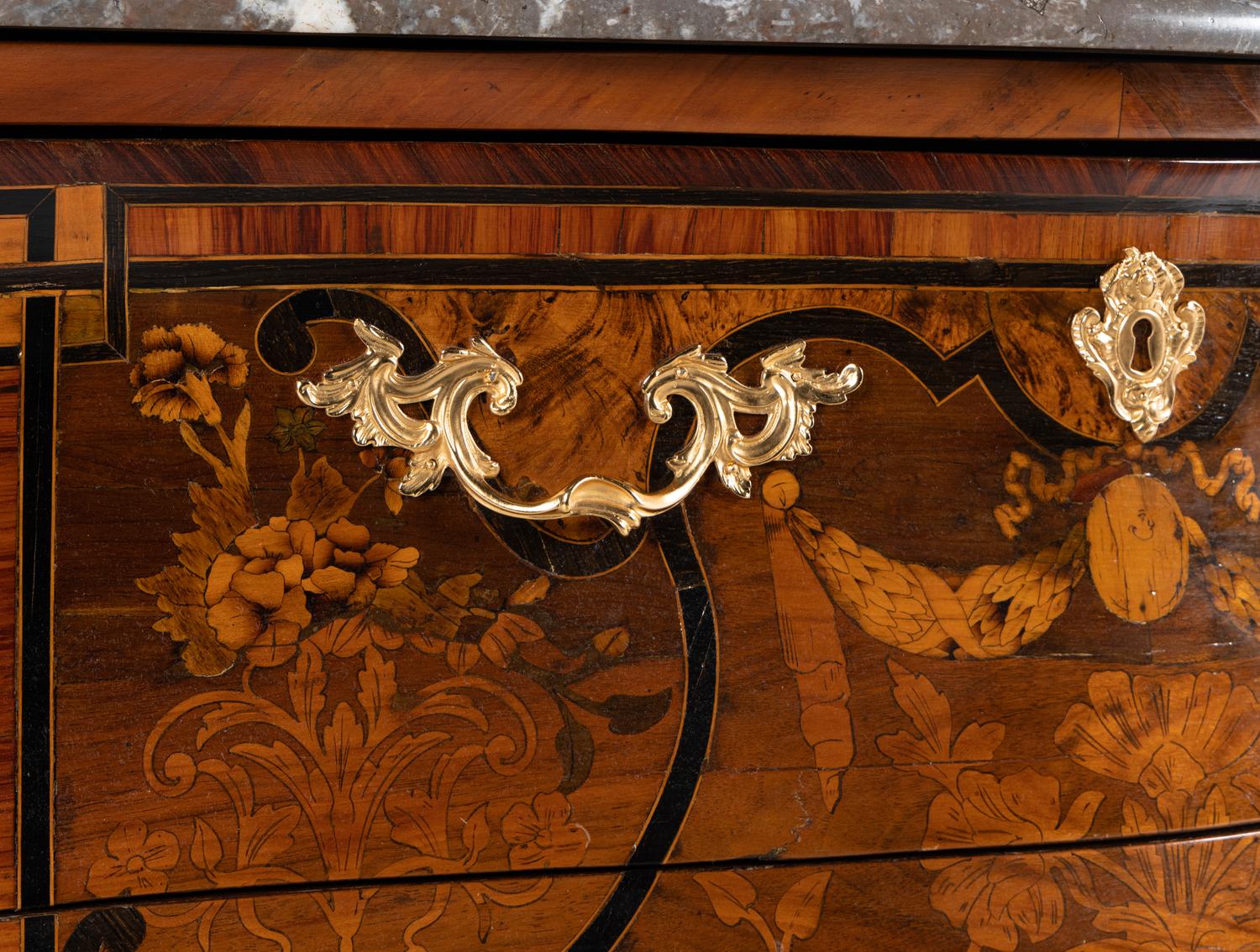 A Louis XV Style Gilt Bronze Mounted Marquetry Marble-Top Commode