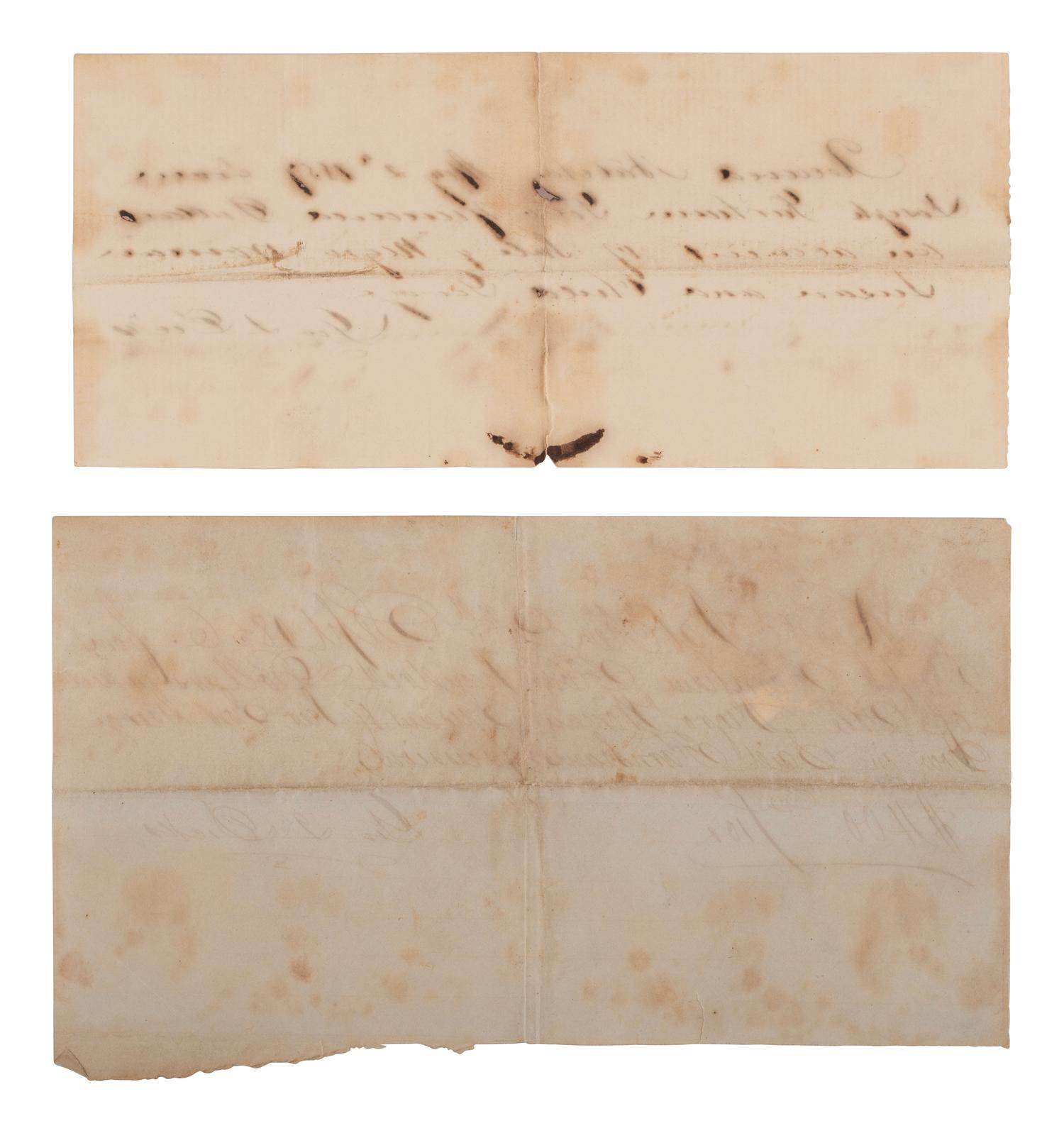 [ENSLAVEMENT]. Pair of receipts for an identified enslaved mother & child. Natchez, MS, 1856-1857.