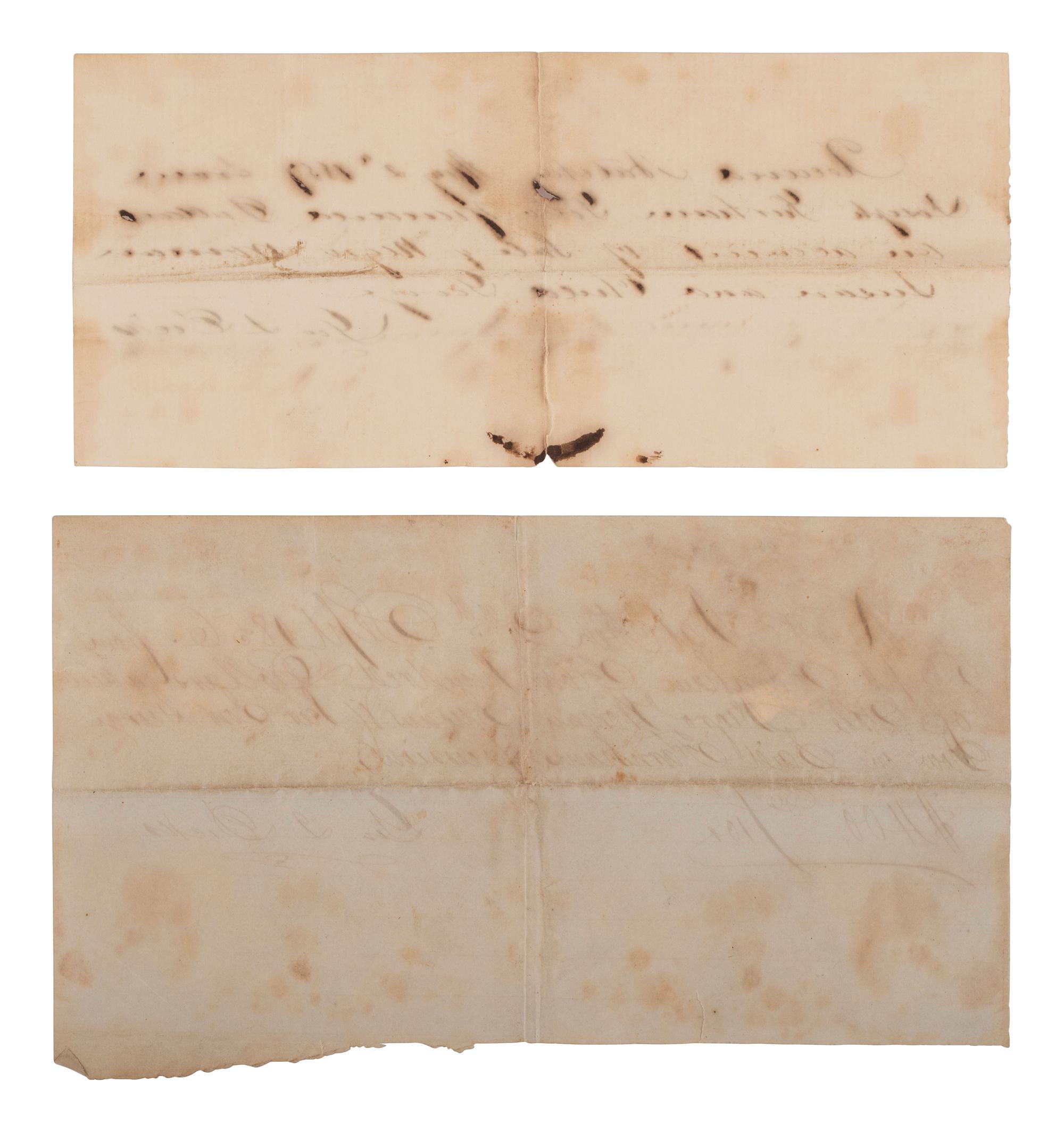 [ENSLAVEMENT]. Pair of receipts for an identified enslaved mother & child. Natchez, MS, 1856-1857.