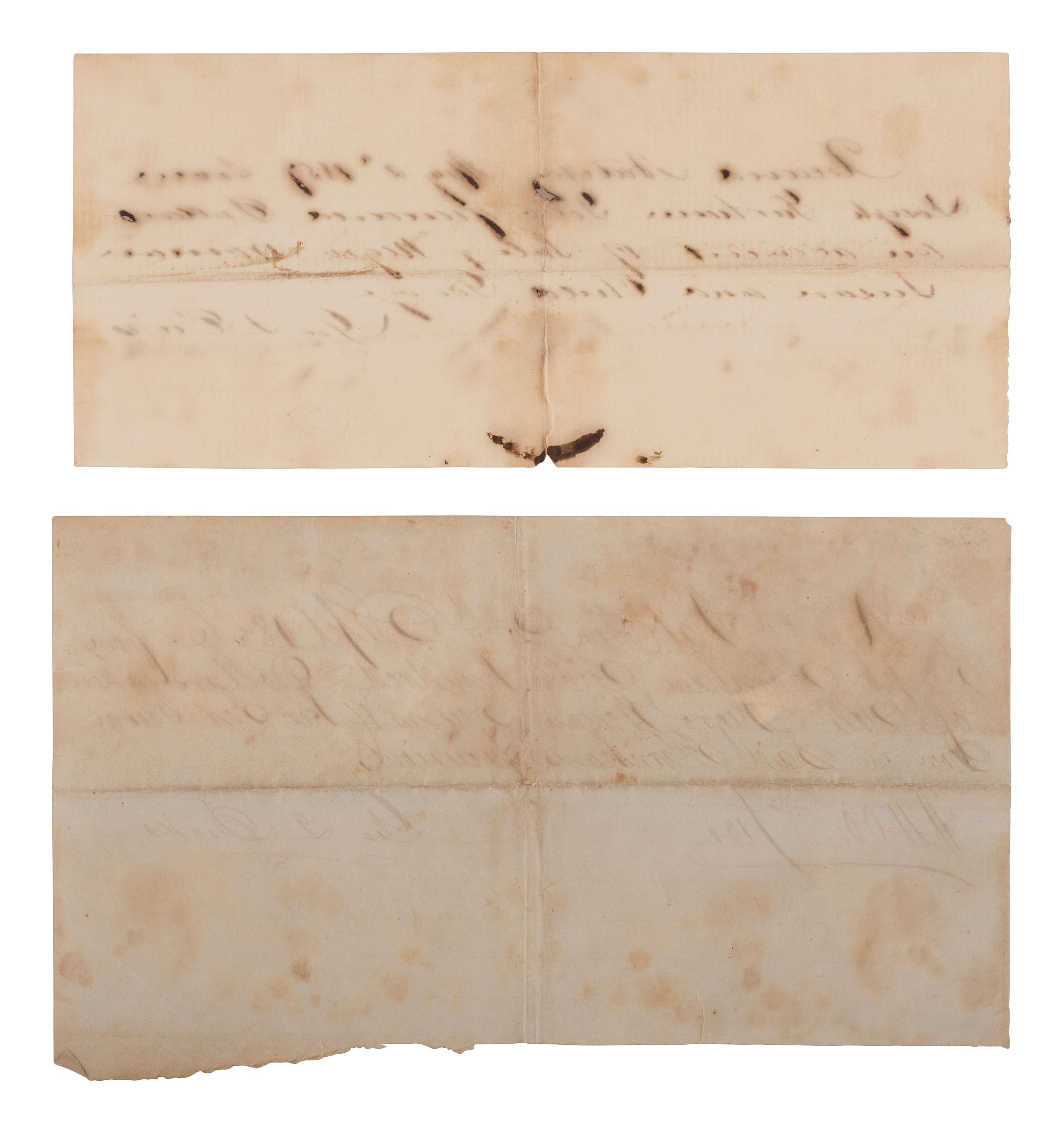 [ENSLAVEMENT]. Pair of receipts for an identified enslaved mother & child. Natchez, MS, 1856-1857.